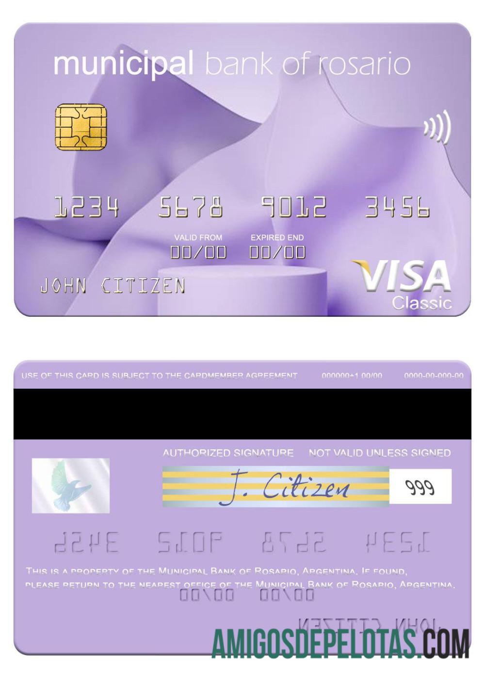 Cartão Visa do Banco Municipal de Rosário da Argentina modelo